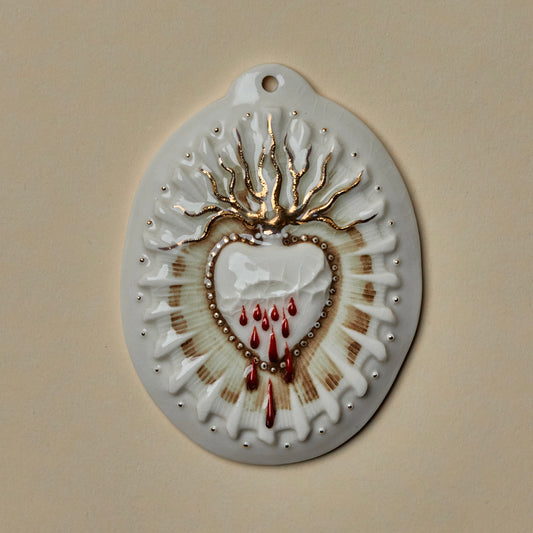 Sacred Heart 3 - Hand crafted Porcelain Table Ornament. Bleeding Sacred Heart in thorns.