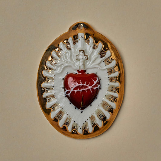 Sacred Heart 6 - Hand crafted Porcelain Table Ornament. Bleeding Sacred Heart in thorns.