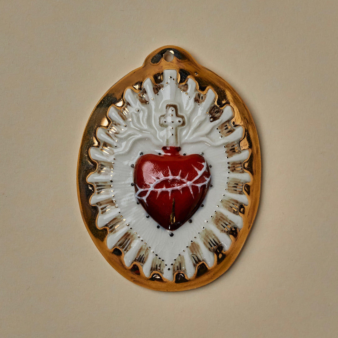 Sacred Heart 6 - Hand crafted Porcelain Table Ornament. Bleeding Sacred Heart in thorns.