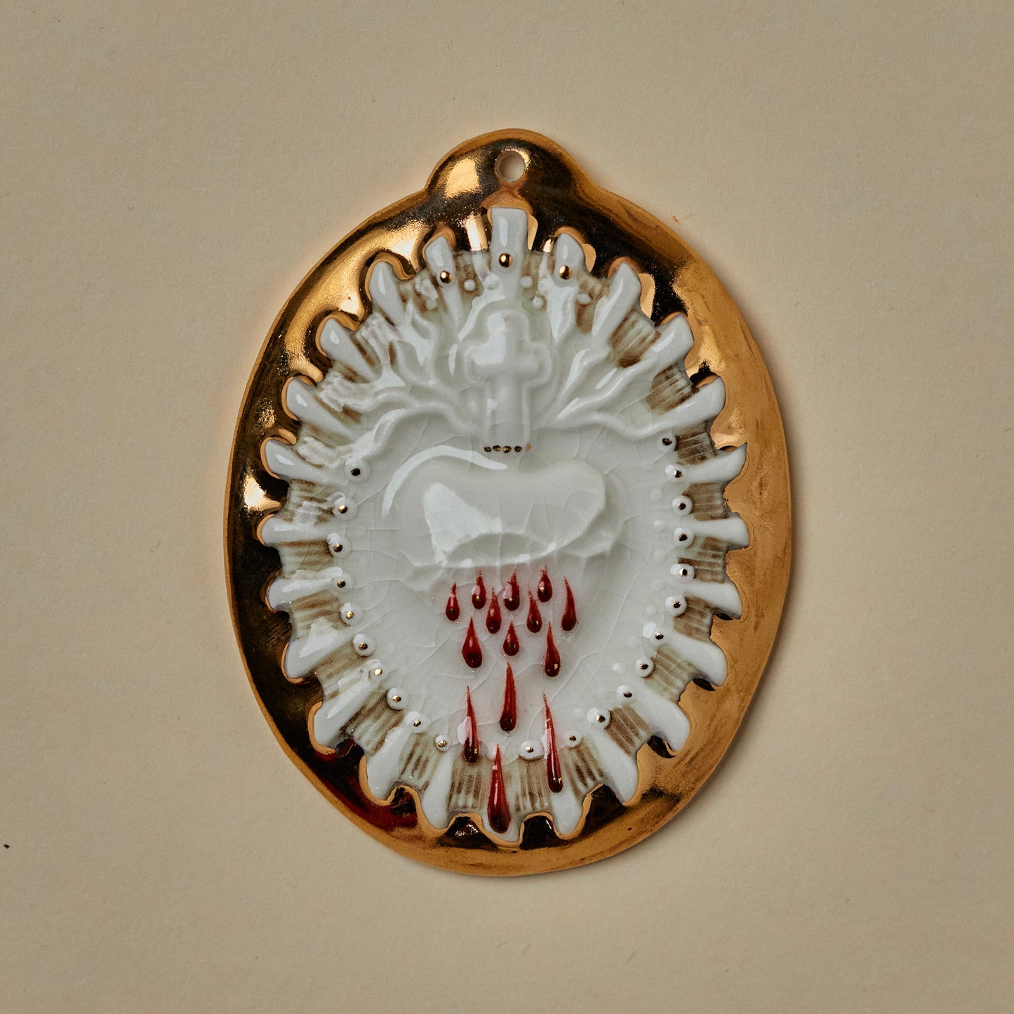 Sacred Heart 7 - Hand crafted Porcelain Table Ornament. Bleeding Sacred Heart in thorns.