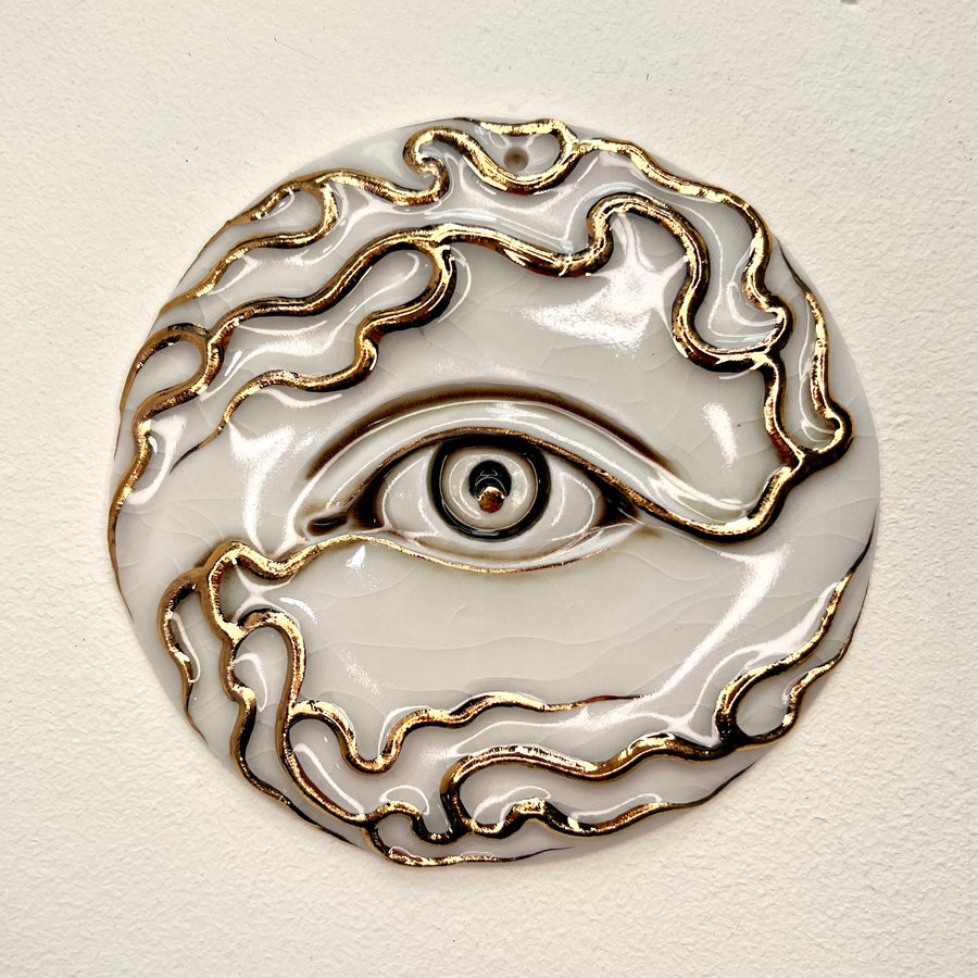 Tear Drop Wall Ornament 1 -  Hand crafted Porcelain Home Ornament. Circular ornament with Eye and flames.