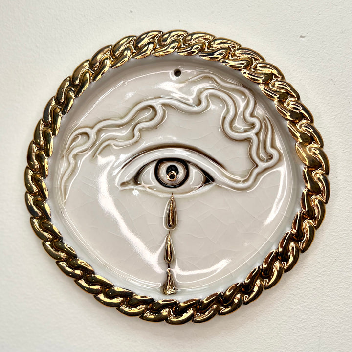 Tear Drop Incense Holder / Wall Ornament 1 - Hand crafted Porcelain Home Ornament -  Crying Eye with Tear Drops surrounded by Chain Design