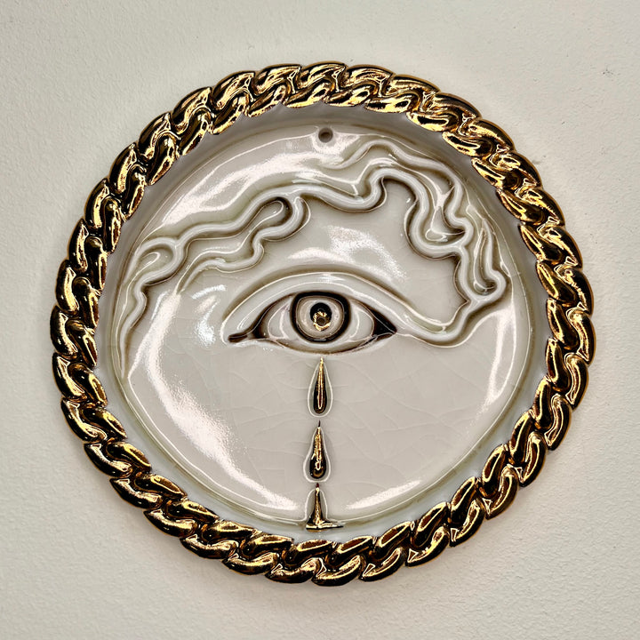 Tear Drop Incense Holder / Wall Ornament 2 - Hand crafted Porcelain Home Ornament -  Crying Eye with Tear Drops surrounded by Chain Design
