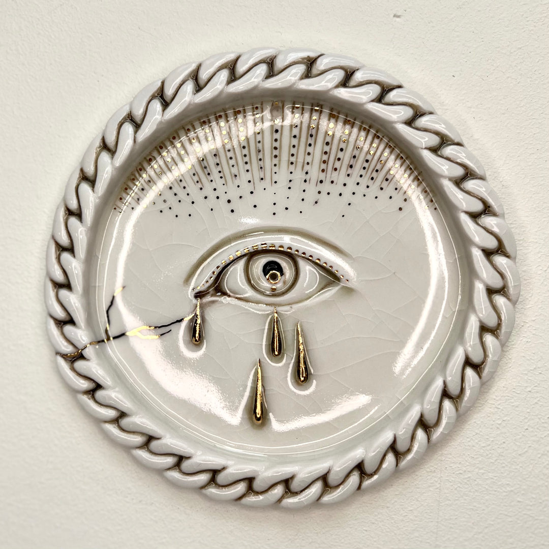 Tear Drop Incense Holder / Wall Ornament 3 - Hand crafted Porcelain Home Ornament -  Crying Eye with Tear Drops surrounded by Chain Design