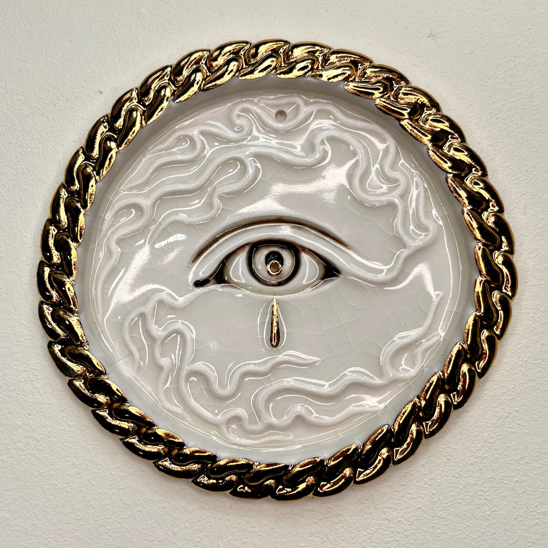 Tear Drop Incense Holder / Wall Ornament 4 - Hand crafted Porcelain Home Ornament -  Crying Eye with Tear Drops surrounded by Chain Design