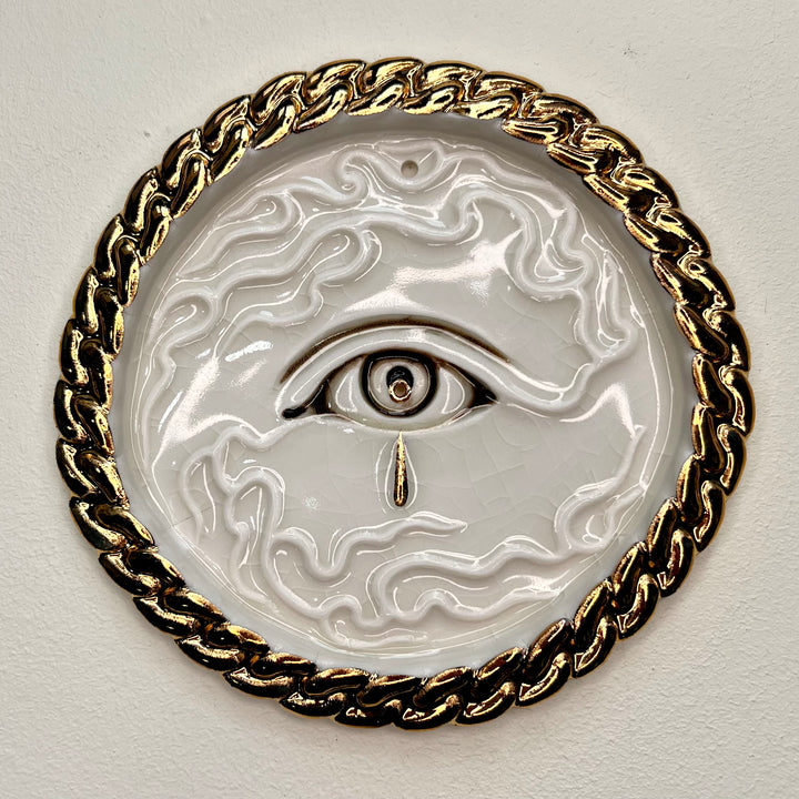 Tear Drop Incense Holder / Wall Ornament 4 - Hand crafted Porcelain Home Ornament -  Crying Eye with Tear Drops surrounded by Chain Design