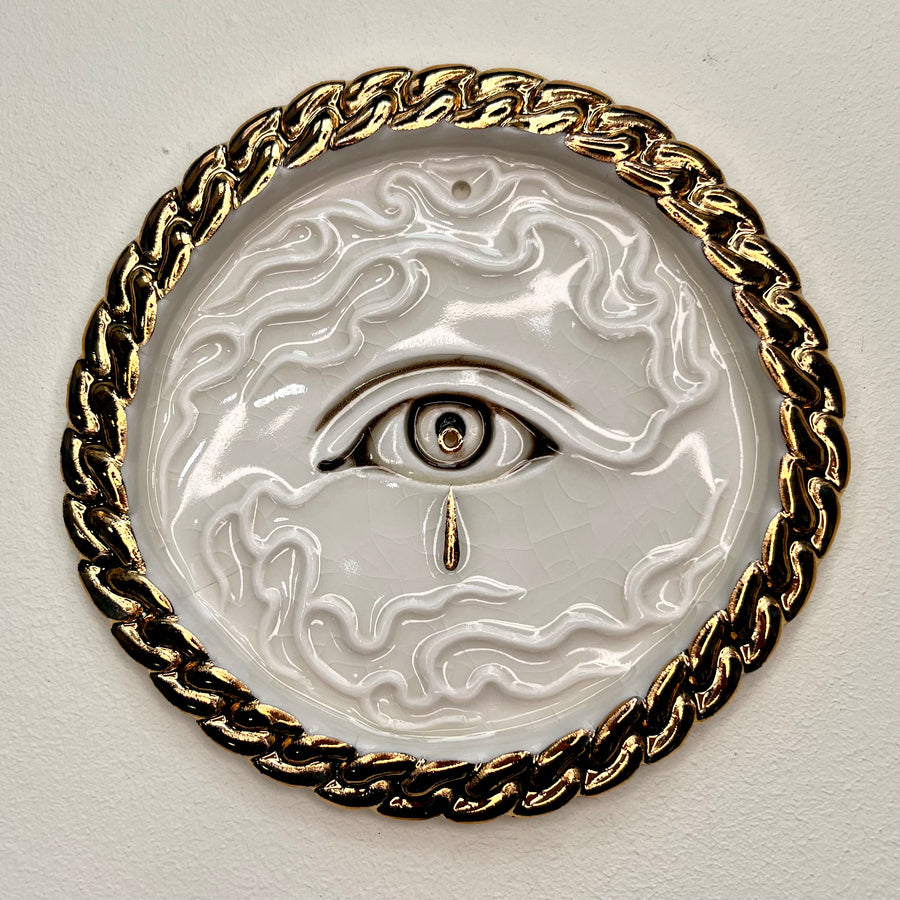 Tear Drop Incense Holder / Wall Ornament 4 - Hand crafted Porcelain Home Ornament -  Crying Eye with Tear Drops surrounded by Chain Design