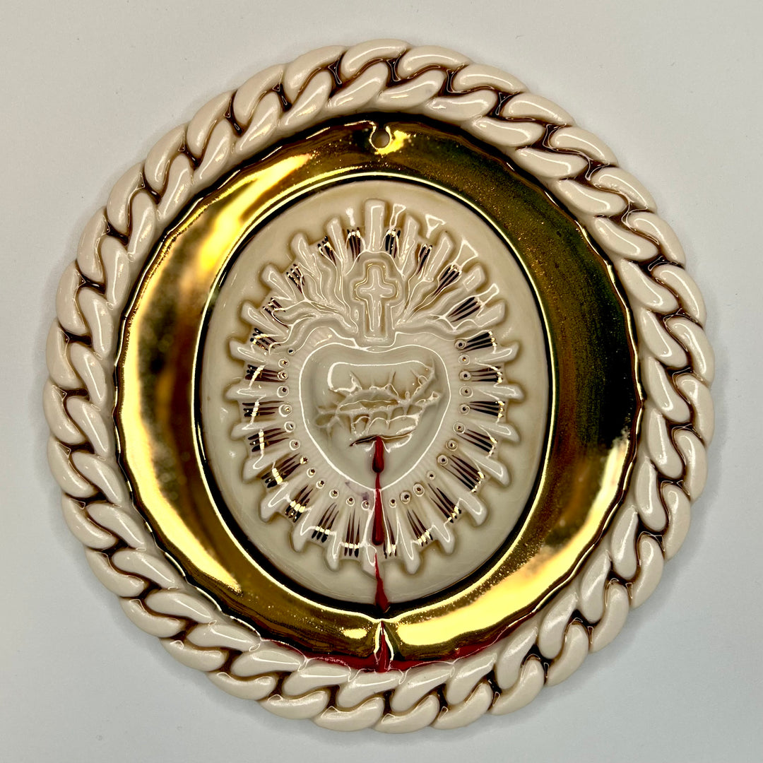 Product Image: Chain Heart 3 - Hand crafted Porcelain Home Ornament. Bleeding Sacred Heart in thorns surrounded by Gold Circle and  Chain Design