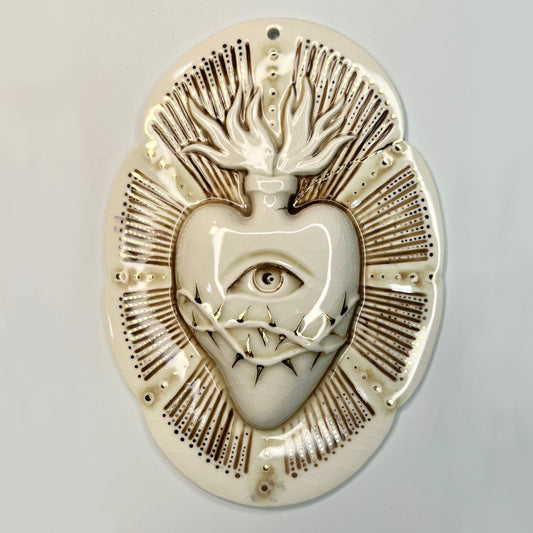 Product Image: Large Sacred Eye 6 - Hand crafted Porcelain Home Ornament. Sacred Heart with Eye & Thorns