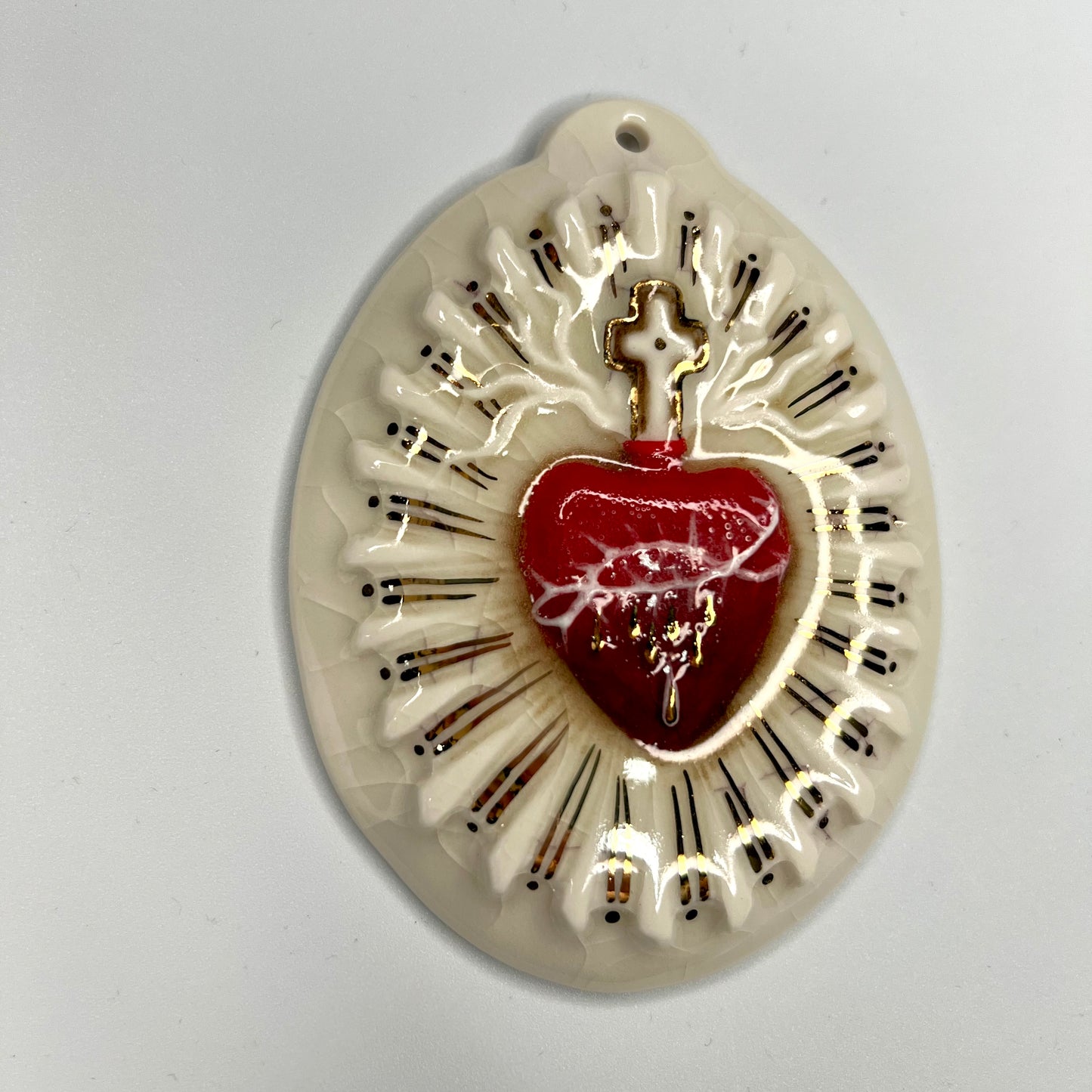 Product Image: Sacred Heart 3 - Hand crafted Porcelain Home Ornament. Red Sacred Heart in thorns.