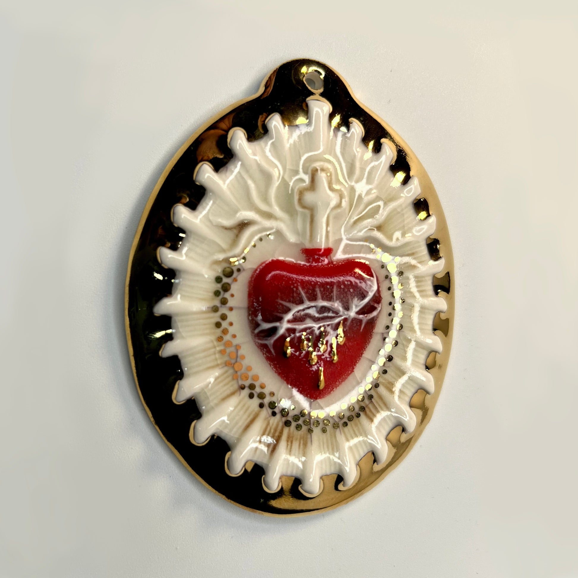Product Image: Sacred Heart 8 - Hand crafted Porcelain Home Ornament. Red Bleeding Sacred Heart in thorns.