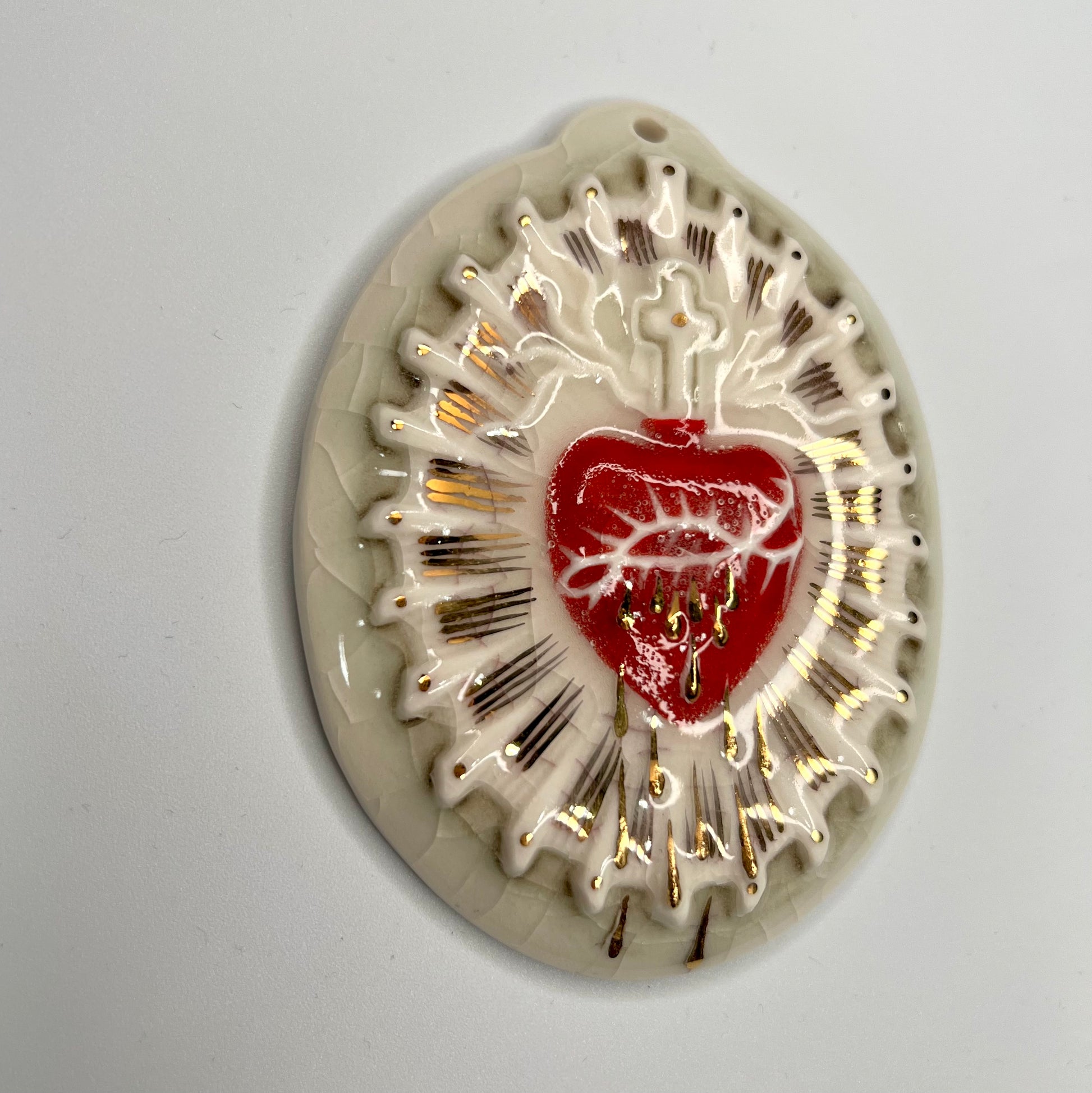 Product Image: Sacred Heart 2 - Hand crafted Porcelain Home Ornament. Red Sacred Heart in thorns.